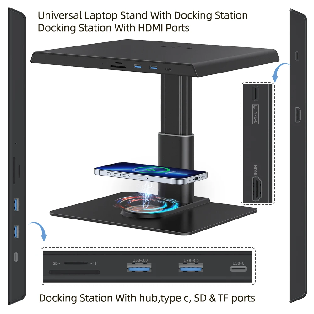 Laptop Stand  USB C Hub Multifunction Type C Docking Station with PD+3.5mm+HDMI+RJ46+USB3.0+SD+TF+Wireless Charger