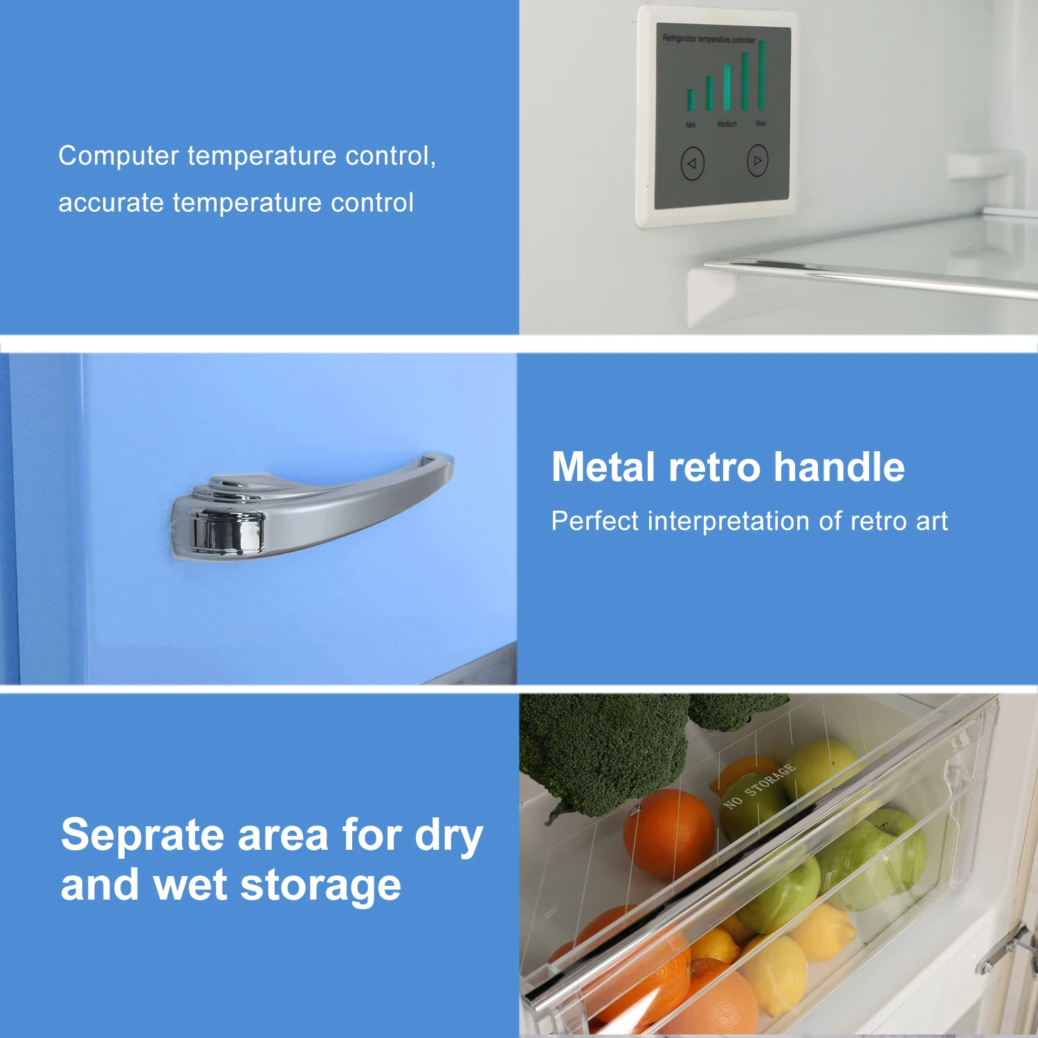 250WE-RE Colored Refrigerators Double Door Bottom Freezer Refrigerator Retro Fridge