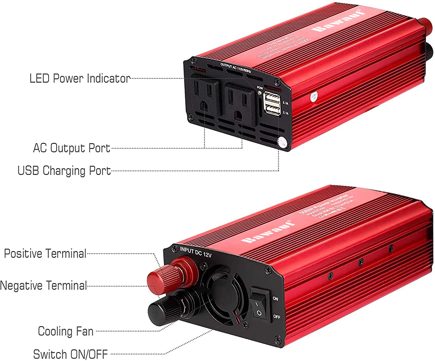 Power Inverter 500W DC 12V To AC 110V 220V Dual AC Charging Port And 2A USB Ports For Laptop Smart Phone