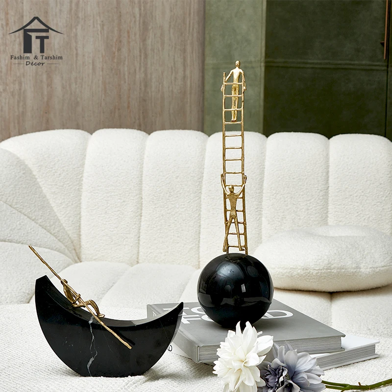 abstract high end quality gold brass climbing ladder man marble home decor for crafts