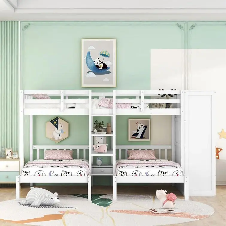 Modern Twin over Twin Full Bunk Bed with 3 Drawers Shelves Pine Wood Panel for Kids for School Hotel Hospital Outdoor Use