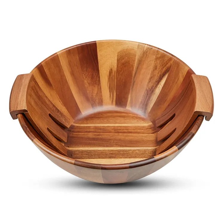 Kitchen Tableware Natural Acacia Wood Vegetable Dough Mixing Bowl Set Large Handmade Solid Wooden Salad Bowl With Servers