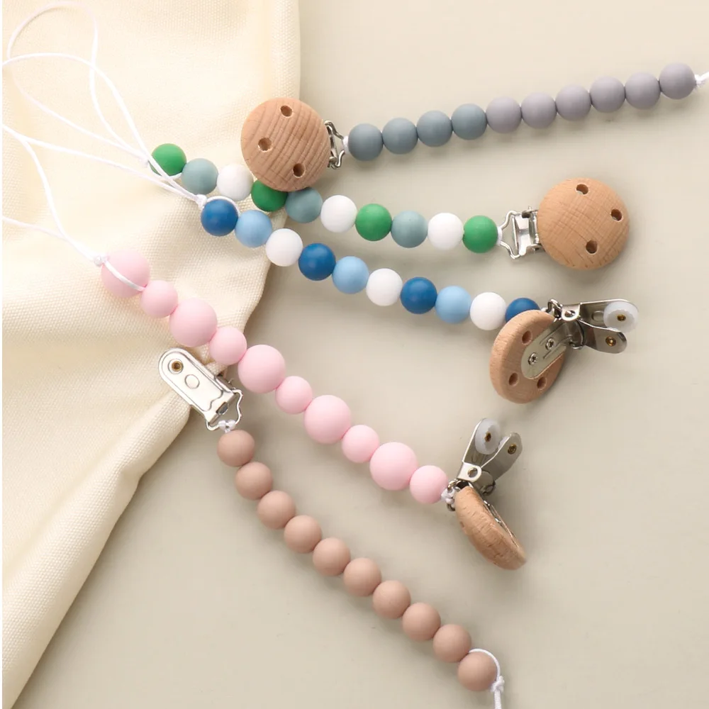 Chinese Factory Baby Teething Pacifier Clip Wood Bpa Free Silicone Beads Dummy Chain Custom Pacifier Clip Holder