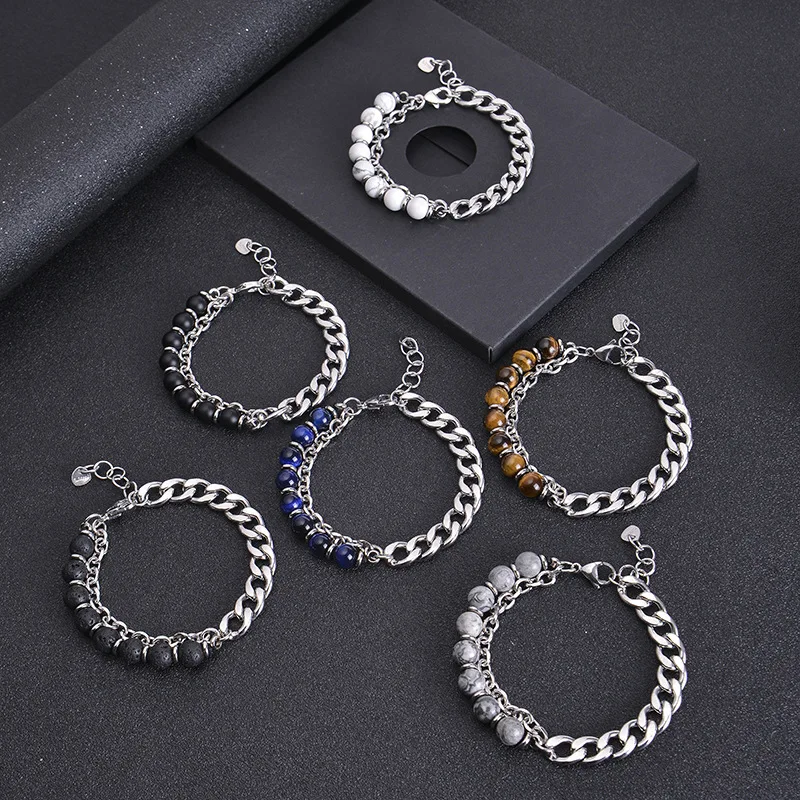 2022 New Latest 8 mm Natural Stone Lava Rock Tiger Eye and Stainless Steel Link Chain Two Layered Men Bracelet