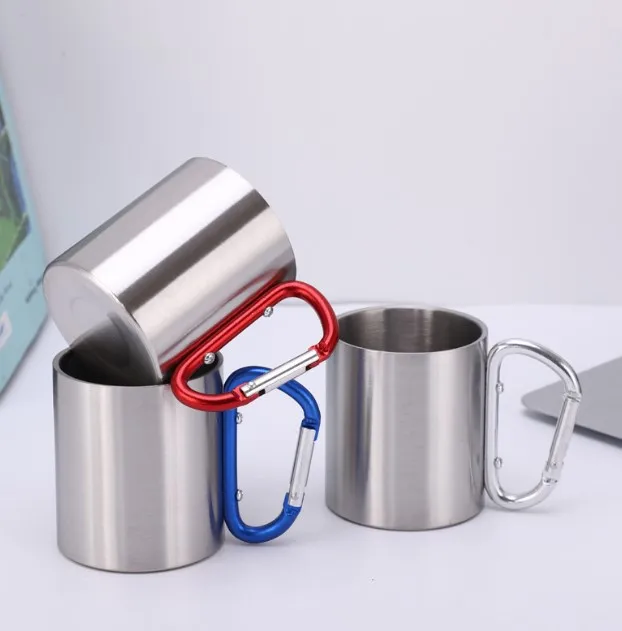 12OZ Double Wall Stainless Steel Travel Mug With Carabiner Handle Camp Cup