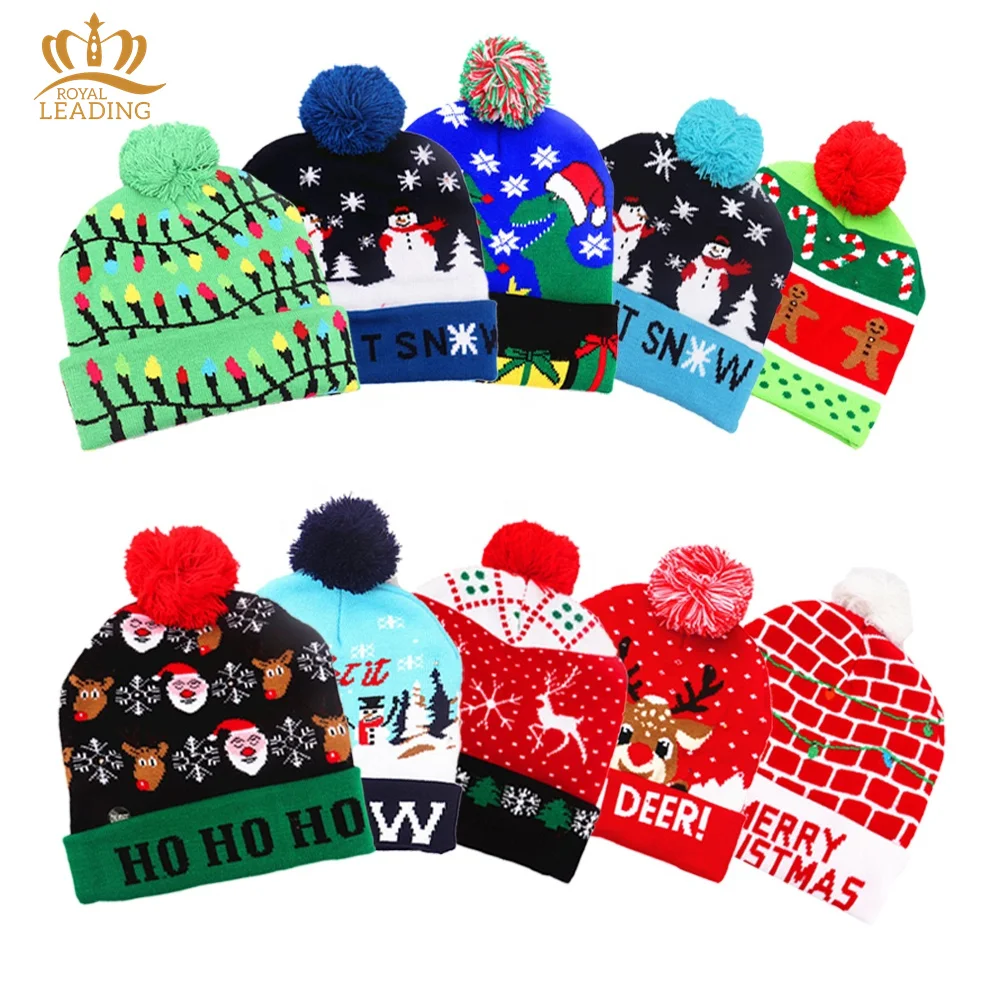 New Arrival Led Christmas Hat Light-Up Sweater Knitted Santa Cap Christmas Gift Kids Adult Xmas Christmas Hats With Leds Lights