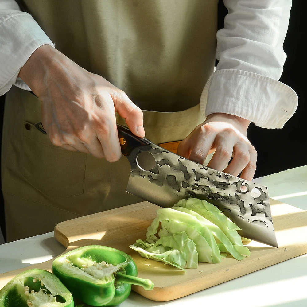 Xingye Custom 7.5 Inch Full Tang Wooden Handle Hammer Finish Non-stick Meat Cleaver Square Metal Chef Fruit Vegetable Knife