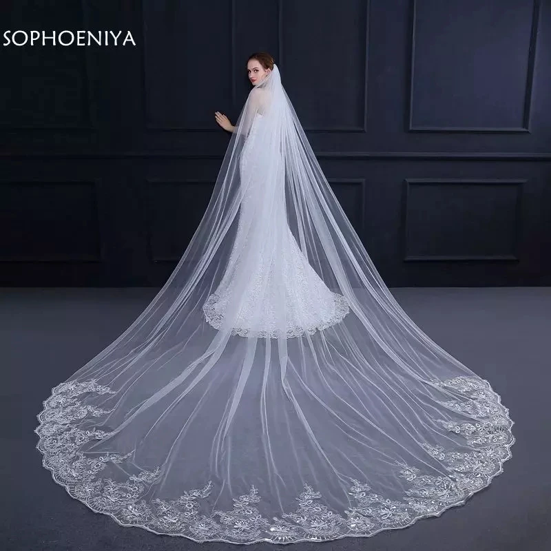 Фата свадебная Длинная с кружевными краями, Тюлевая с гребнем, белый/цвета слоновой кости, 3 м