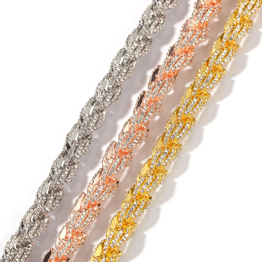 Hip Hop Silver Rose Gold Plated Iced Out White Rhinestone Cuban Link Chain Necklace Twisted Chain Twisted Rope Chain Necklace