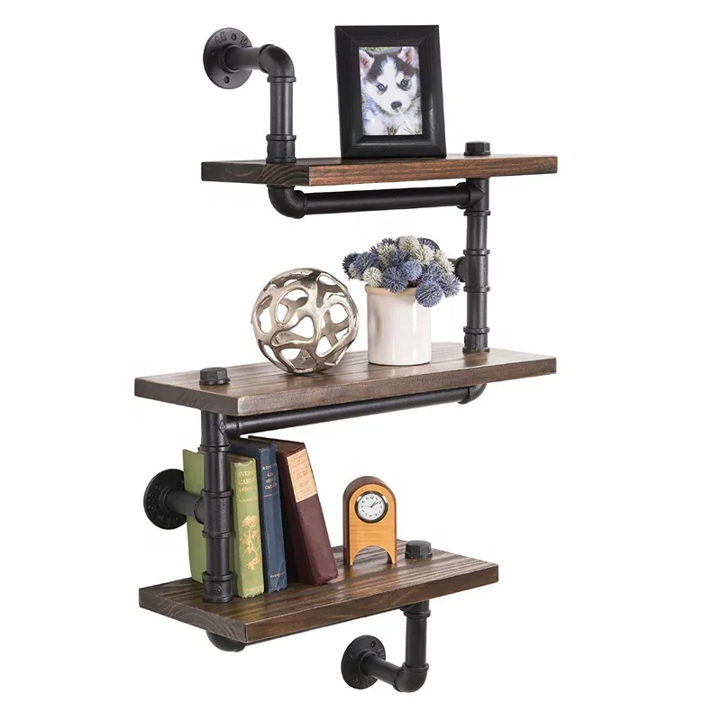 3-Layer Rustic  Zig Zag Style Shelf Wooden Wall Floating With Industrial Iron Black Pipe