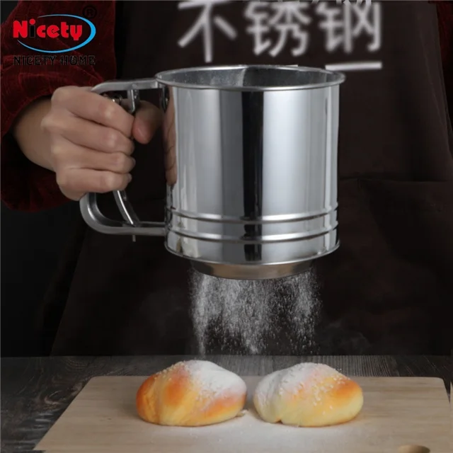 Eco stainless steel round strainer flour dough shaking sifter bucket hand-operated flour sieve set for baking