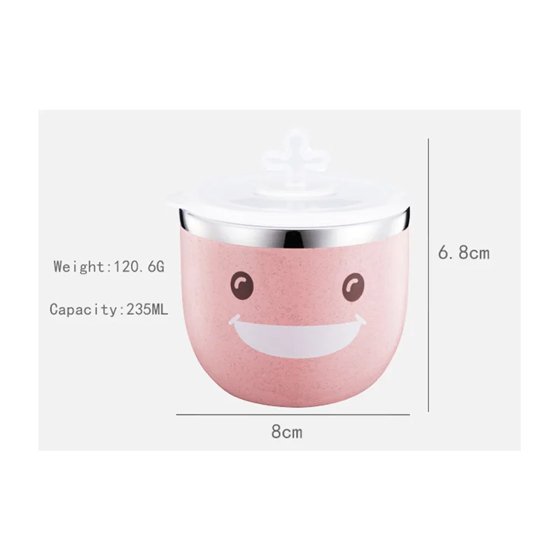 Double Wall Insulated Wheat Fiber&Stainless Steel 240ML Sippy Cup Cute Baby Cups With Silicone Lids