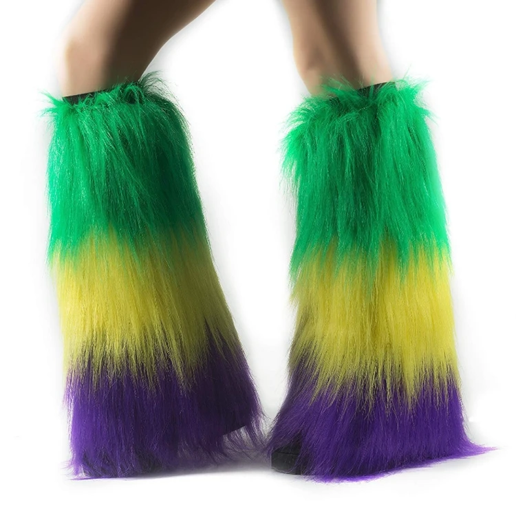 Party Small MOQ Mardi Gras Gold Purple Green Fleur de Lis Furry Fur Leg Warmers Women