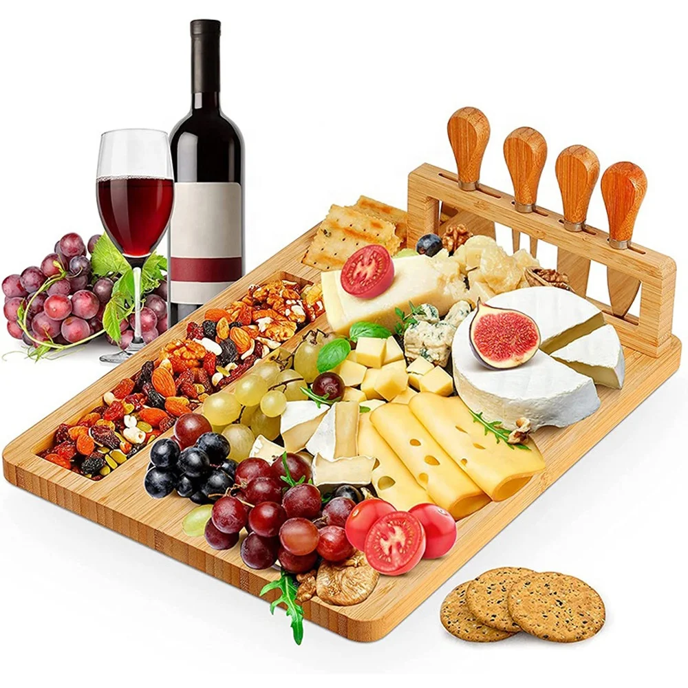 Hot sale wood cheese platter board set and knife set bamboo extra large charcuterie board