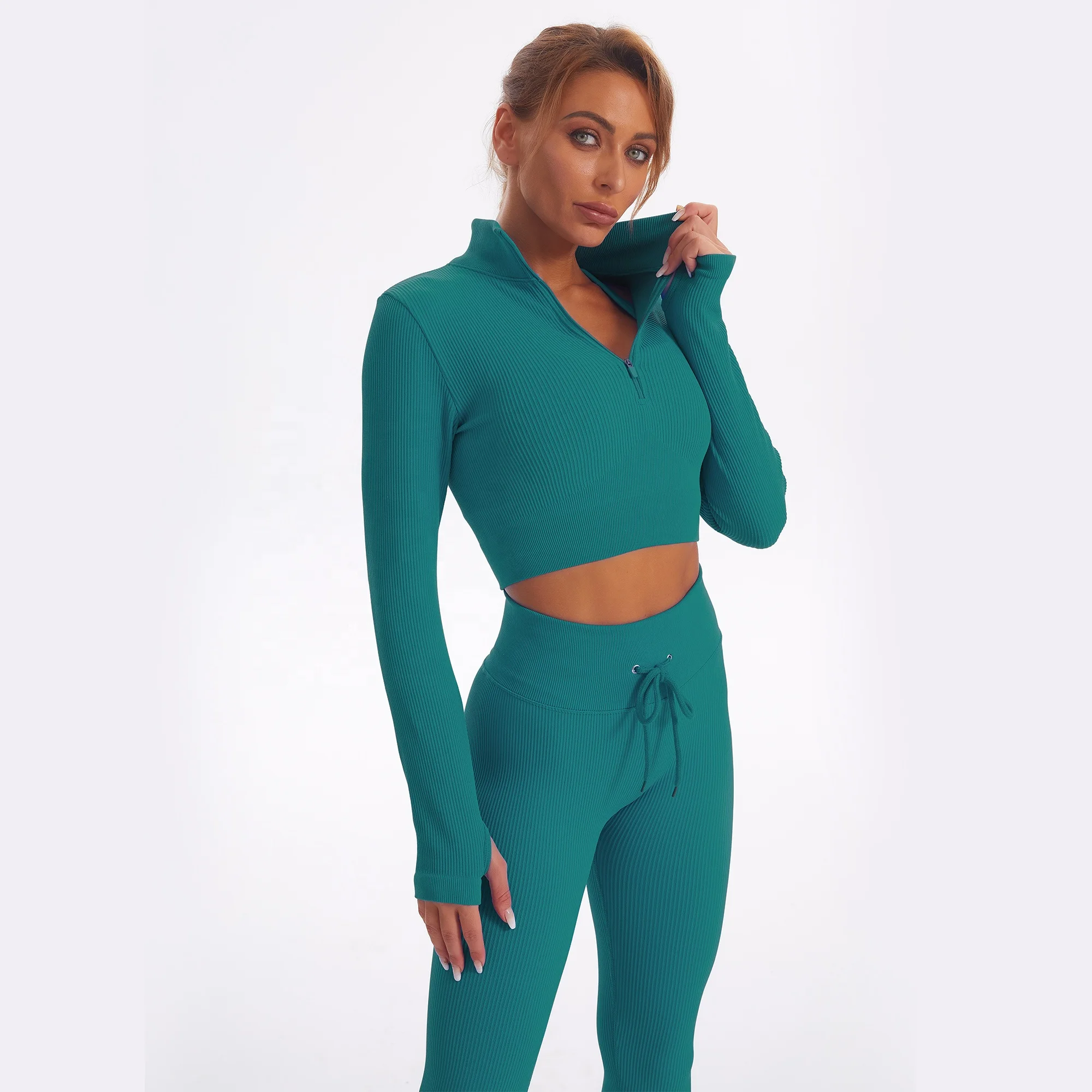 2022 Seamless Women Yoga Suit Sports Ribbed Long Sleeve Zip Front Shirt Scrunch Drawstring Legging Gym Tracksuit Workout Set