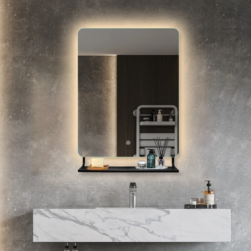 Modern Custom Square Sensor Light Up Vanity Switch Smart Hotel With Shelf Anti Fog Led Bathroom Mirrors