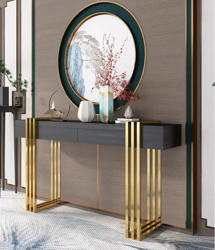 Cheap Price Metal Art Designer Hotel Hall Stainless Steel Marble Entryway Living room Corner Console table with Mirror