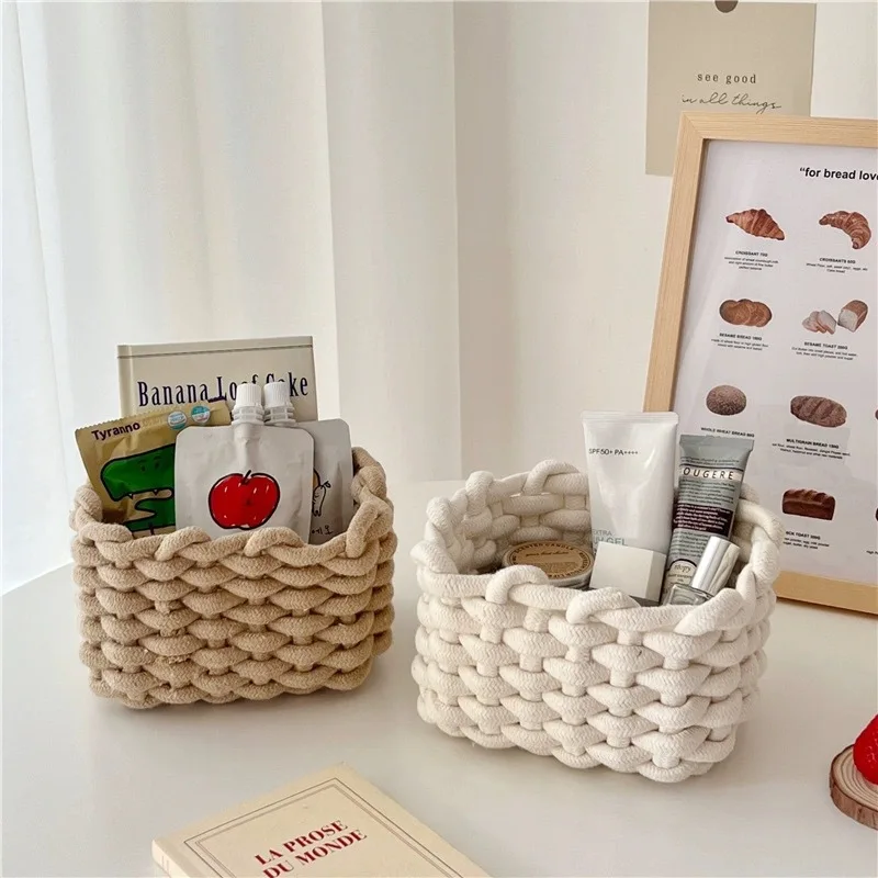 Nordic Cotton Line Hand-woven Storage Basket Coarse Rope Simple Desktop Organizer Box Baby Toy Snack Key Cloth