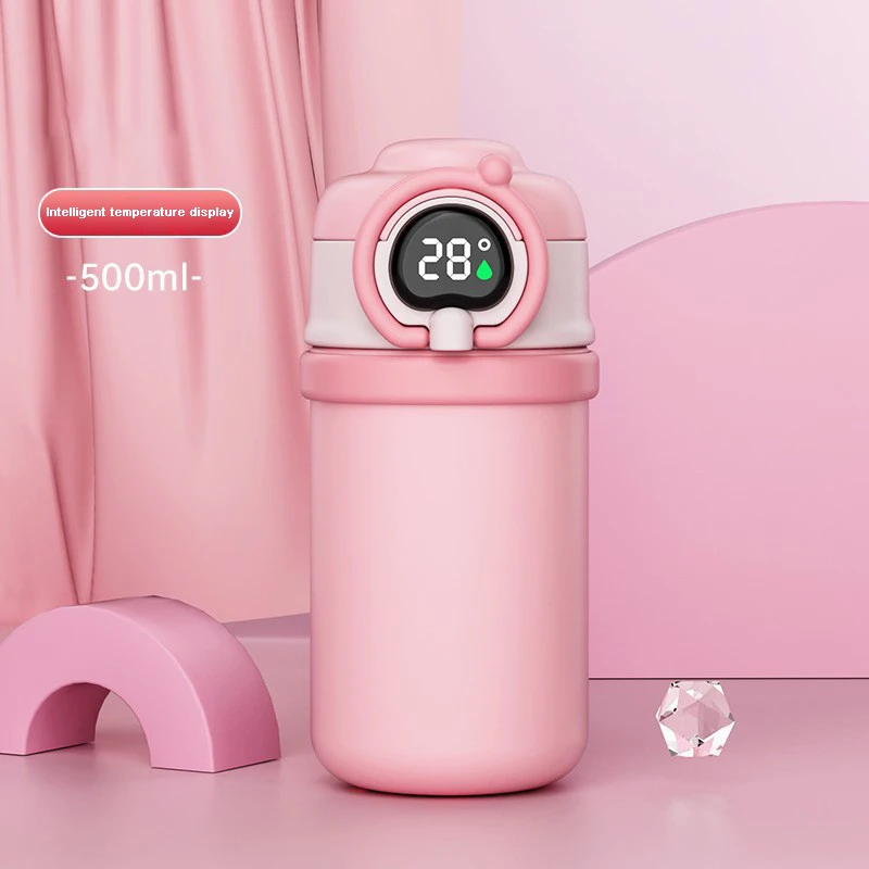 Portable Stainless Steel Straw Cartoon Insulated Digital Display Kids Water Bottle BPA Free