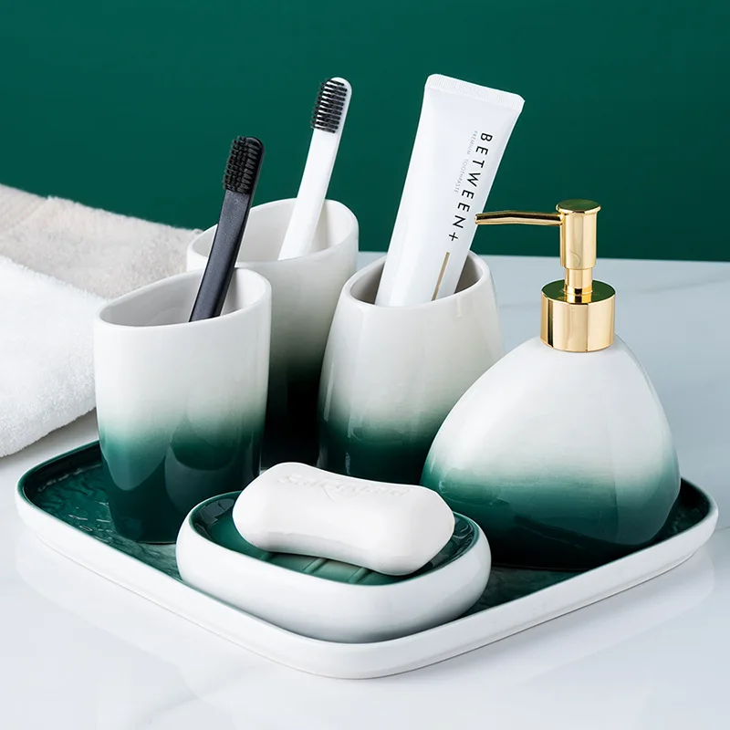 6Pcs Luxury Nordic Green White Ceramic Tray Lotion Pump Bottle Soap Dish Toothbrush Holder Tumbler Bathroom Accessories Set