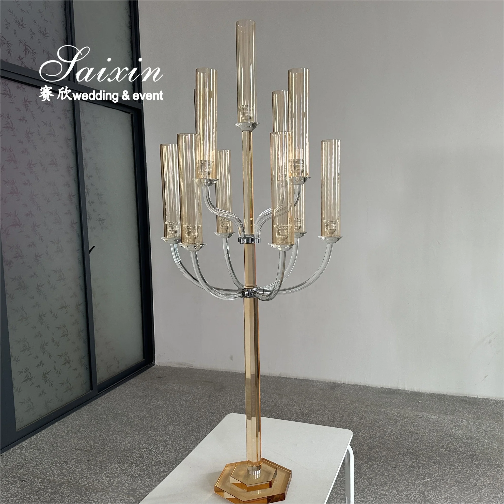 Purity Wedding Table Decoration Tall  Candle Holder Centerpiece Champaign Gold 11 Arms Crystal Candelabra
