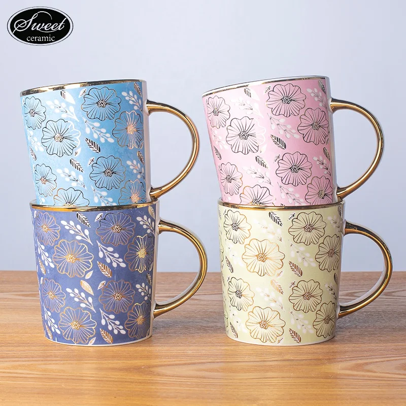 Hot sale ceramic electroplating mug with gold logo custom bulk unique mugs coffee cups with full wrap printing with colore
