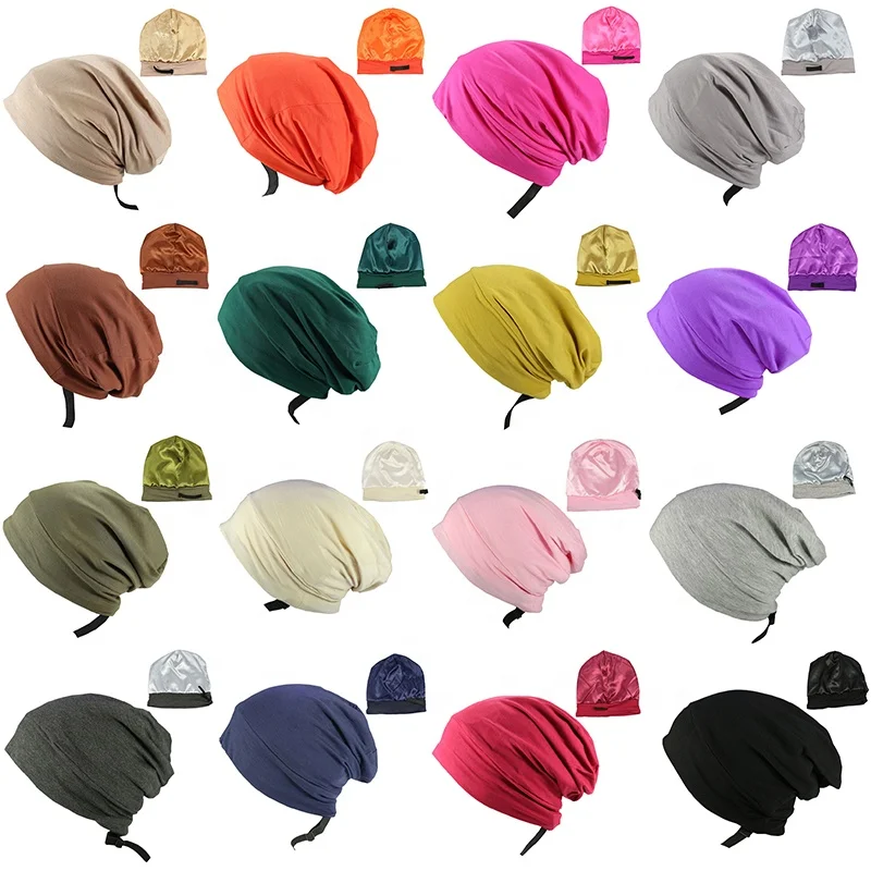 Slouchy Beanie Hat Adjustable Sleep Hair Cover Hijab Caps Under Scarf Wrap Silk Satin Lined Bonnet For Women
