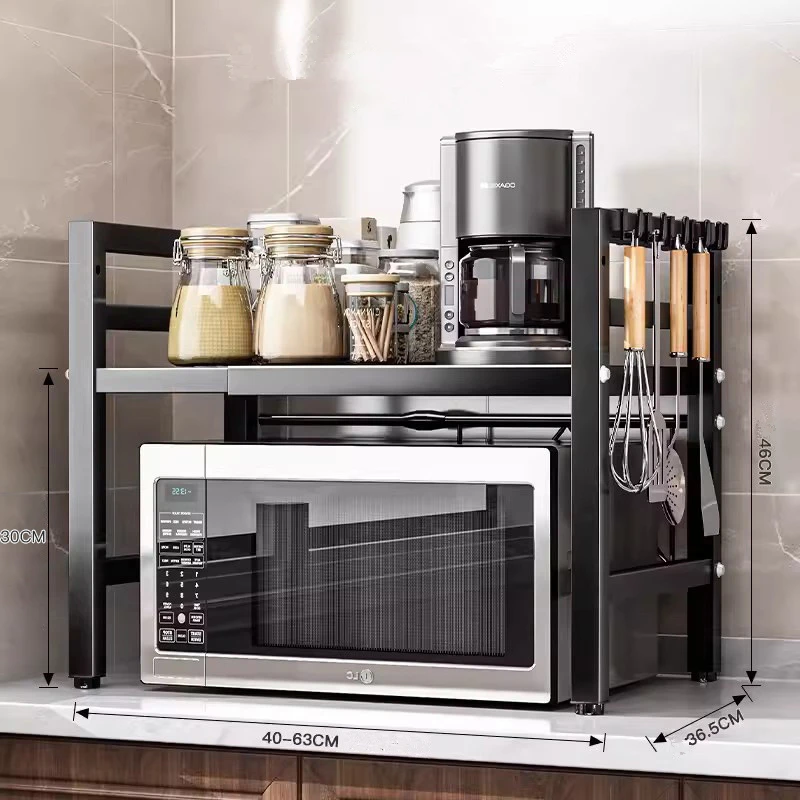 Double Layers Adjustable Kitchen Organizer Shelf with Side Hooks for Kitchen