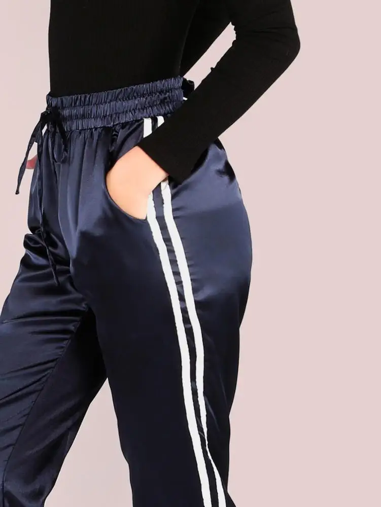 Women Elegant Luxy Satin Pants Elasticated Drawstring Waist Joggers Custom Ladies Side Striped Navy Jogging Pants Track Pants