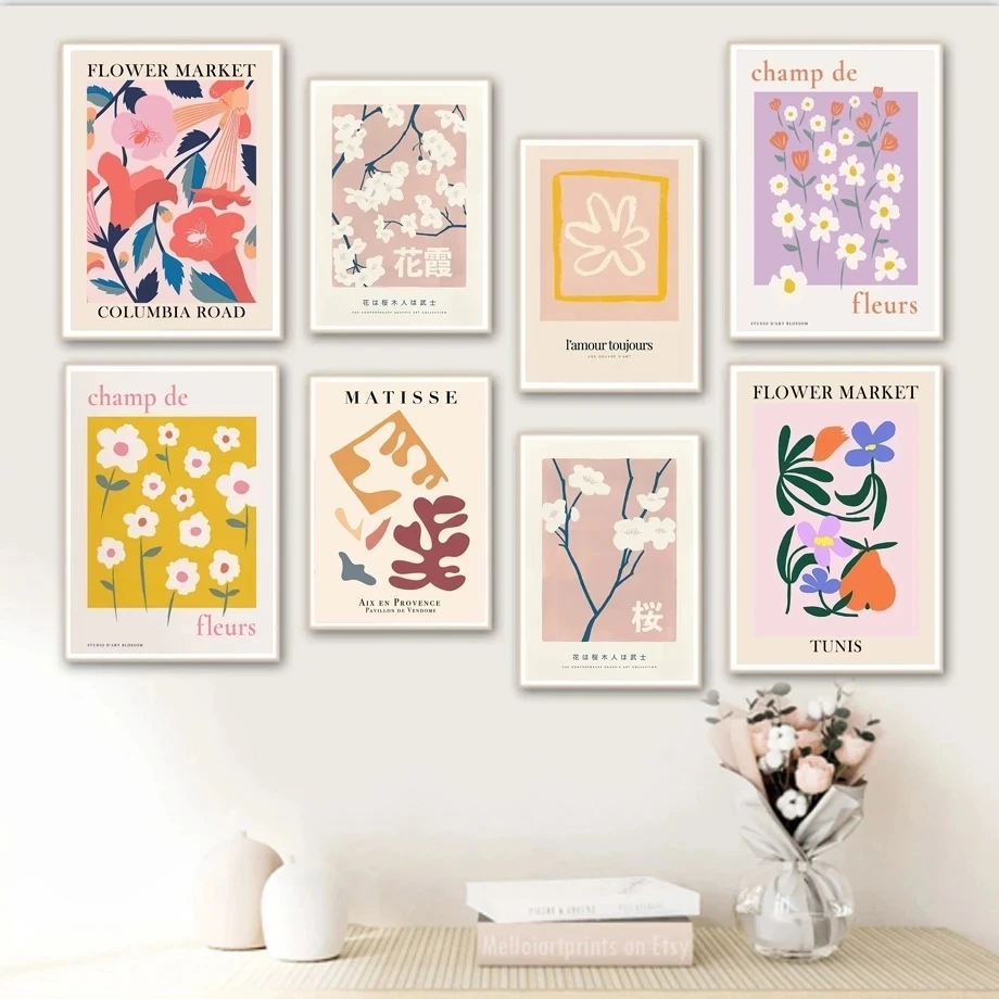 Country Barcelona Japanese Cherry Blossoms Flower Market Vintage Wall Art Pictures And Posters print on Canvas For Home Decor