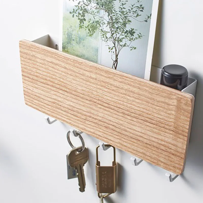 Home Entrance Wall Key Holder Hooks Punch-free Storage Box Door Entryway Multi-functional Wooden Miscellaneous Storage Rack