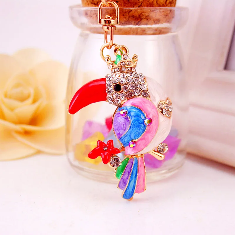 Luxury Metal Accessories Eco Friendly Paints Cartoon Cute Crystal Bird Rhinestone Keychain