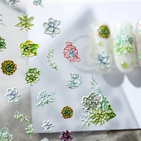 Spring Autumn 5d Engraved Nail Stickers Green Flower Nail Design Embossed Acrylic Nail Slider Gel Polish Decals