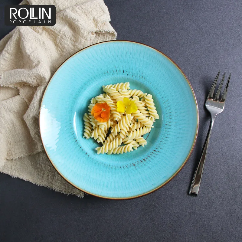 Microwave Oven Safe Porcelain ceramic tableware Under Glaze Turquoise Green Dinnerware Set Plates for Restaurant Crockery