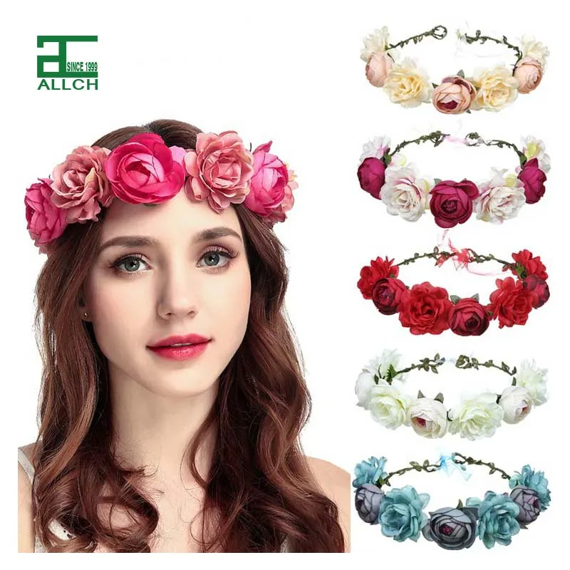 ALLCH  RTS Adjustable Flower Headband Hair Wreath Floral Garland Crown Halo Headpiece with Ribbon Boho Wedding Floral Headbands