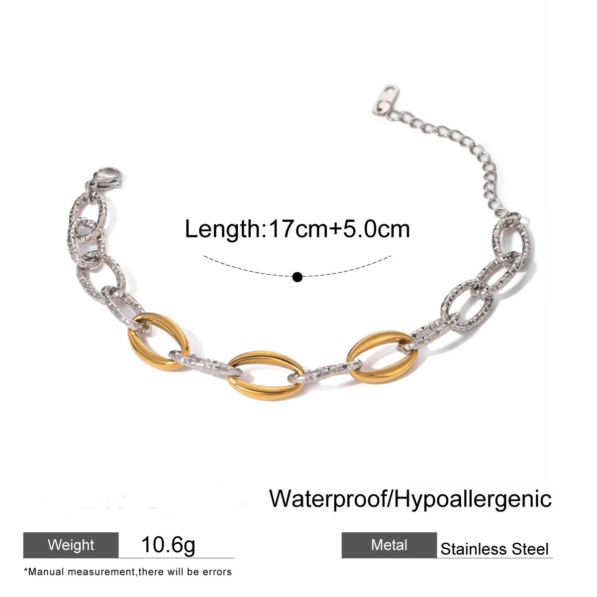 Cyin New Trendy Jewelry Set Bracelet Stainless Steel 18k Gold And Silver Two-Tone Color Hammered Thick Chain Bracelet For Women