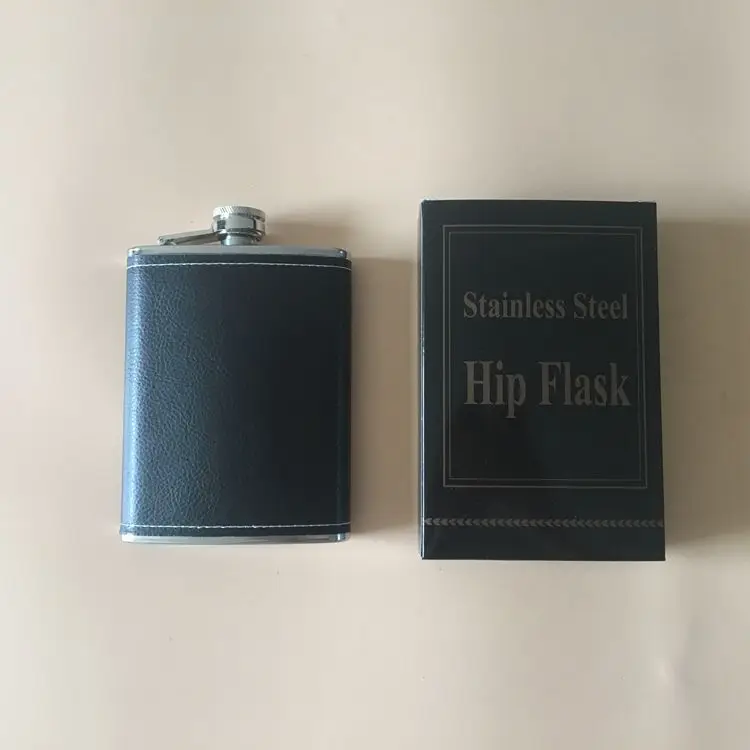 Stainless Steel Black Hip Flask With Leather Cover for Whisky