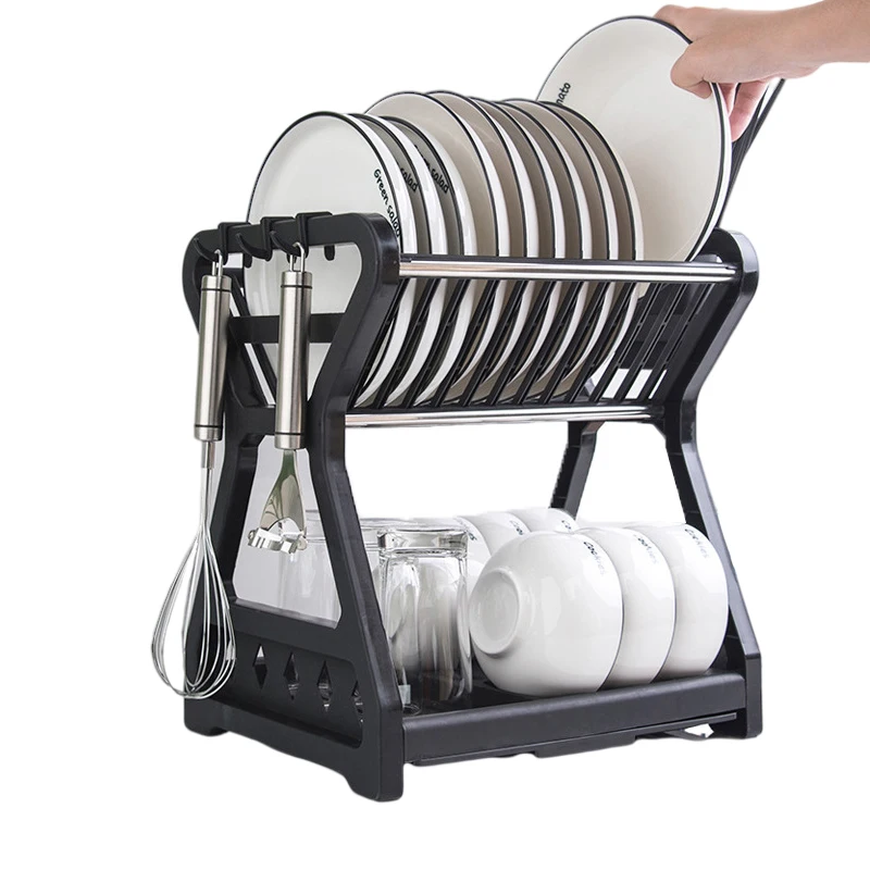Plastic + Stainless Steel Plate Dryer Rack Kitchen 2 Tier Dish Drying Rack Storage Dish Drainer Rack With Chopstick Cage