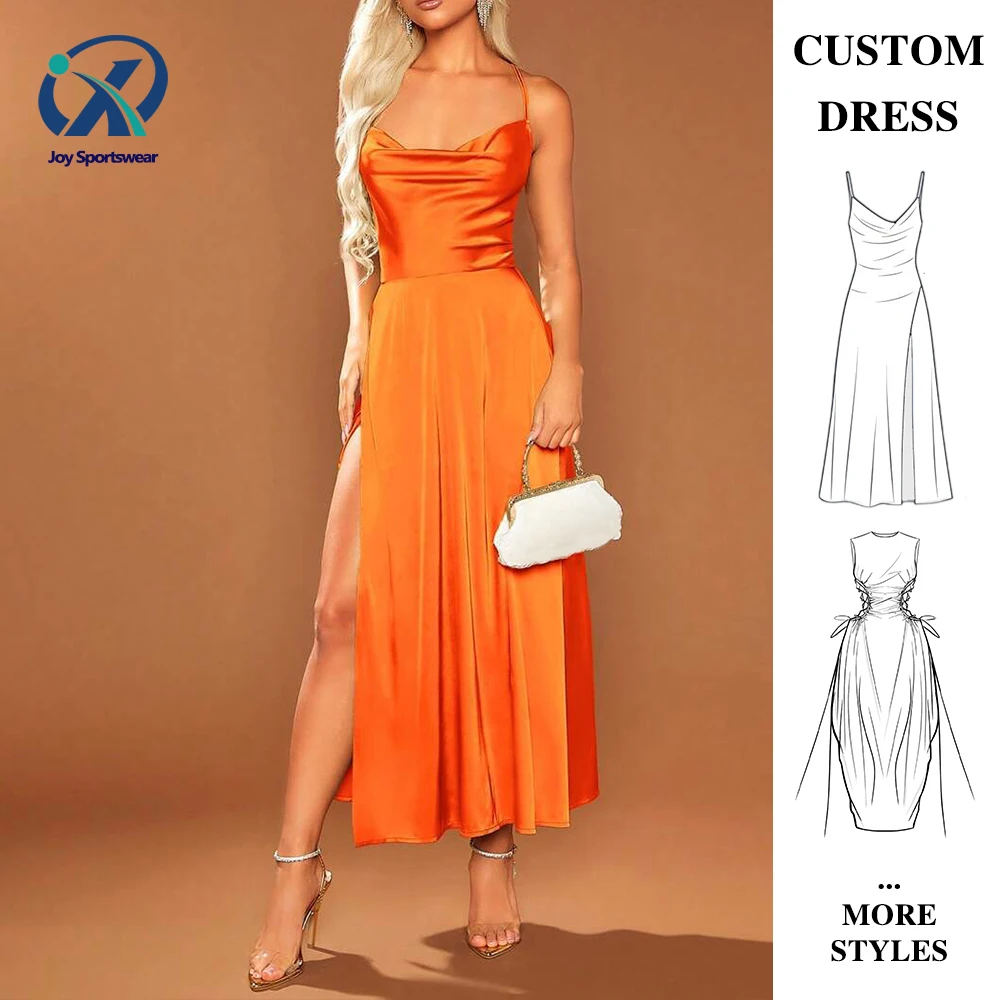 Custom logo  floral print orange dress For Women fashion satin Dress women Lady Elegant Casual Dress