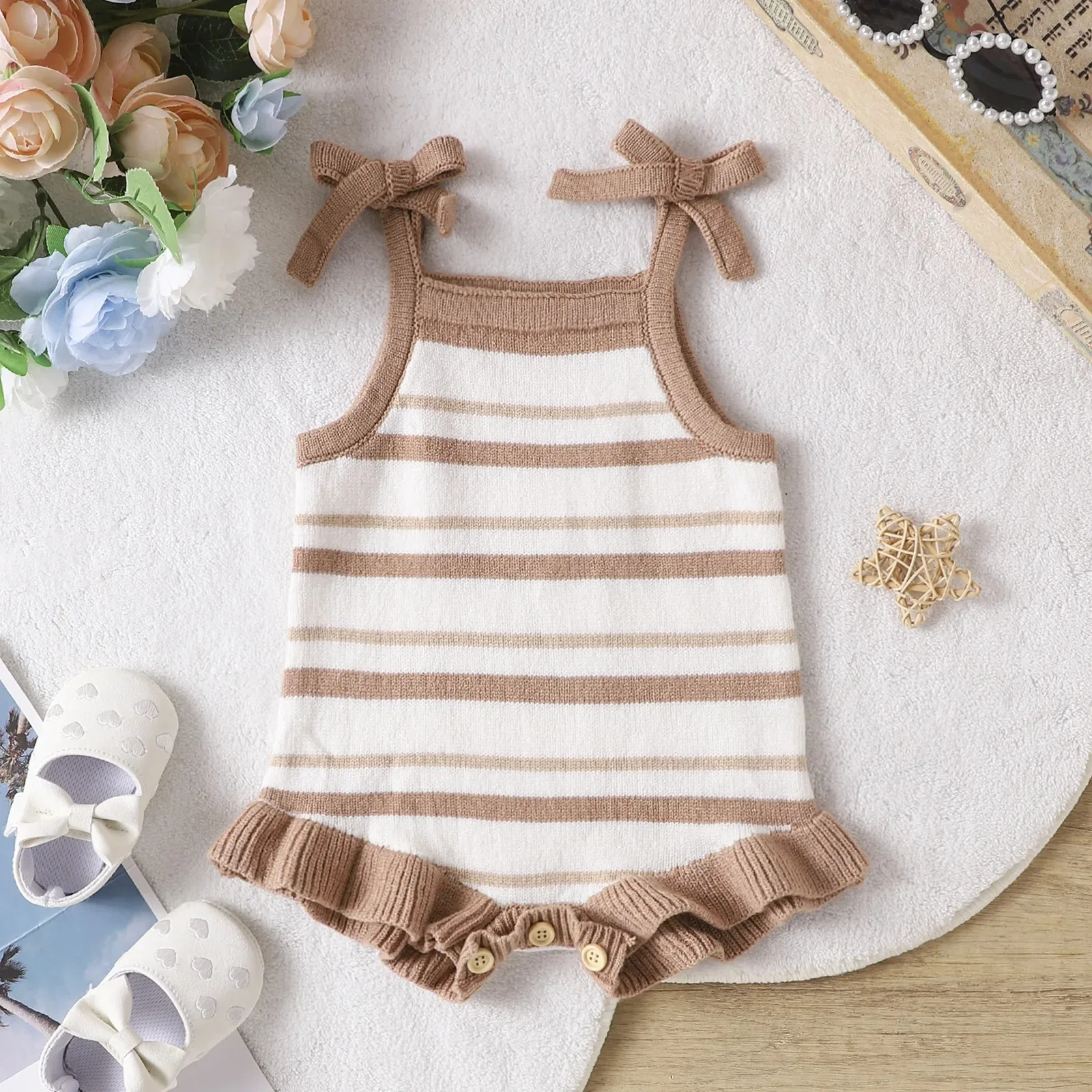 Newborn Baby Girls Knitting Jumpsuit Spring Toddler Striped Clothes Ruffle Sleeveless Crochet Sweater Romper For Kids