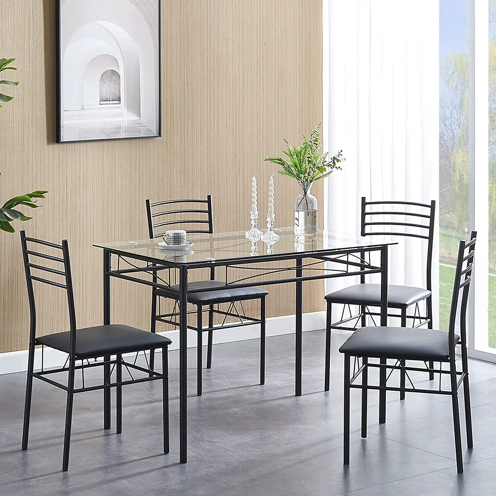 Modern Black Glass Top Dining Table Set with 4 Chairs