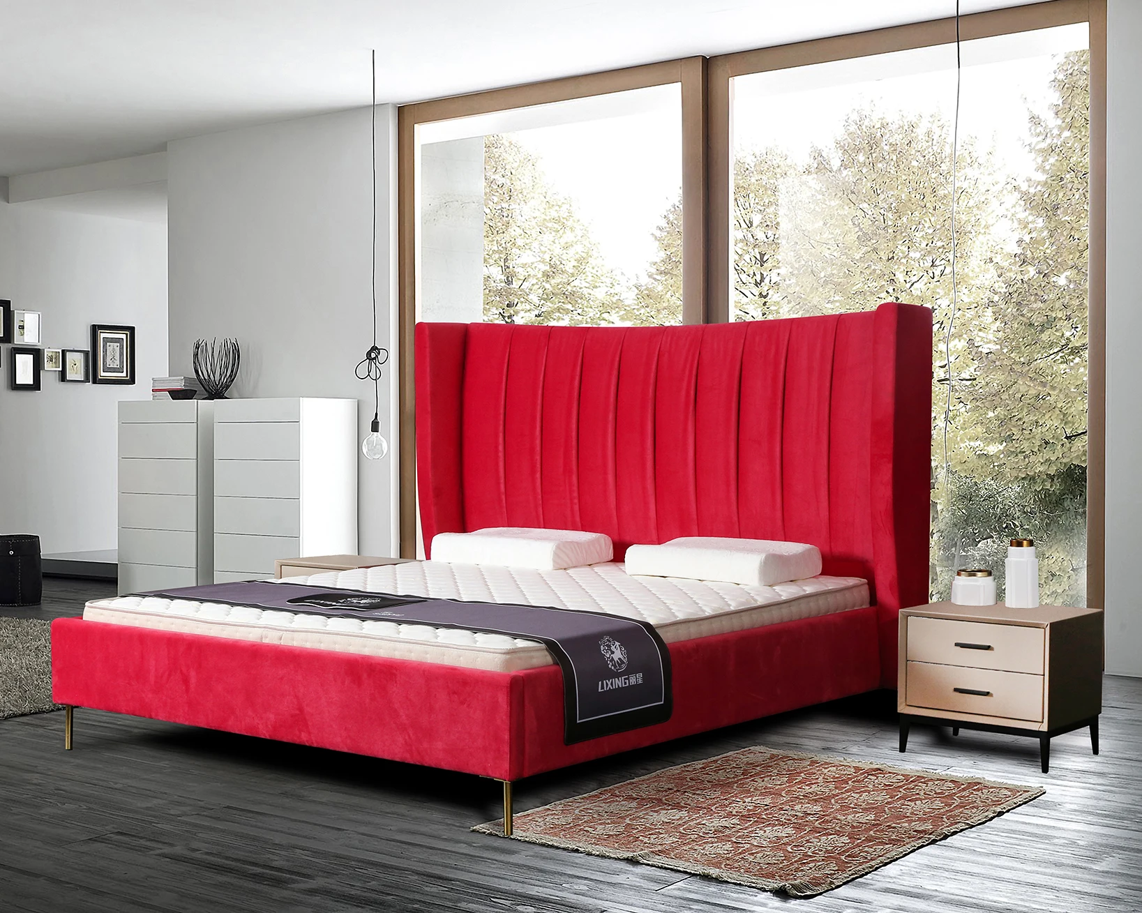 Китай, высокое качество, цельная древесина, европейская спальня, бархатная стеганная ткань, Современная обивка