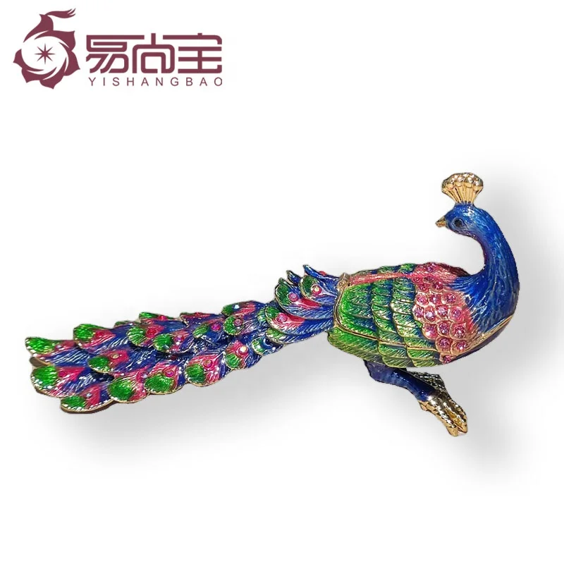 YI SHANG BAO 2021 hot sale long tail peacock jewelry box Exquisite trinkets Enamel Craft Jewelry Box