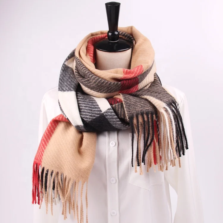 Wholesale Winter Elegant Women High Quality Thick Warm Camel Plaid Design Cashmere Pashmina Shawls Scarf