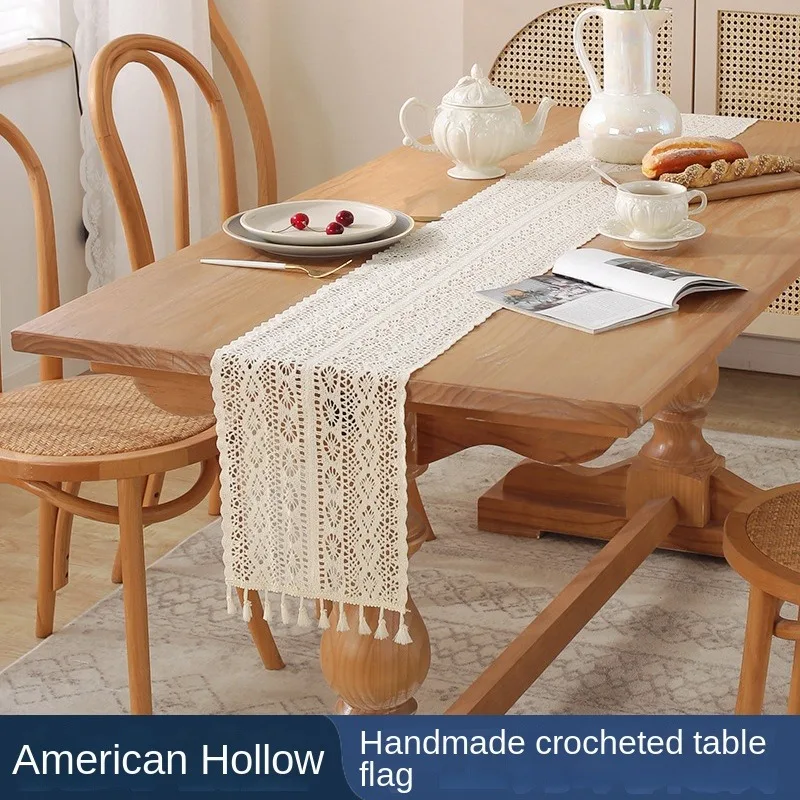 American country hand crochet table flag strip table napkin coffee  tablecloth  cotton linen literary table runner