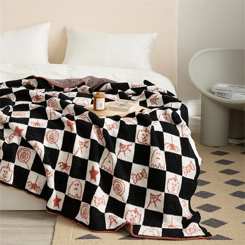 Halloween Candy Pumpkin Ghosts Checker Microfiber Knitted Throw Blanket for Home Decoration Winter WSJLY