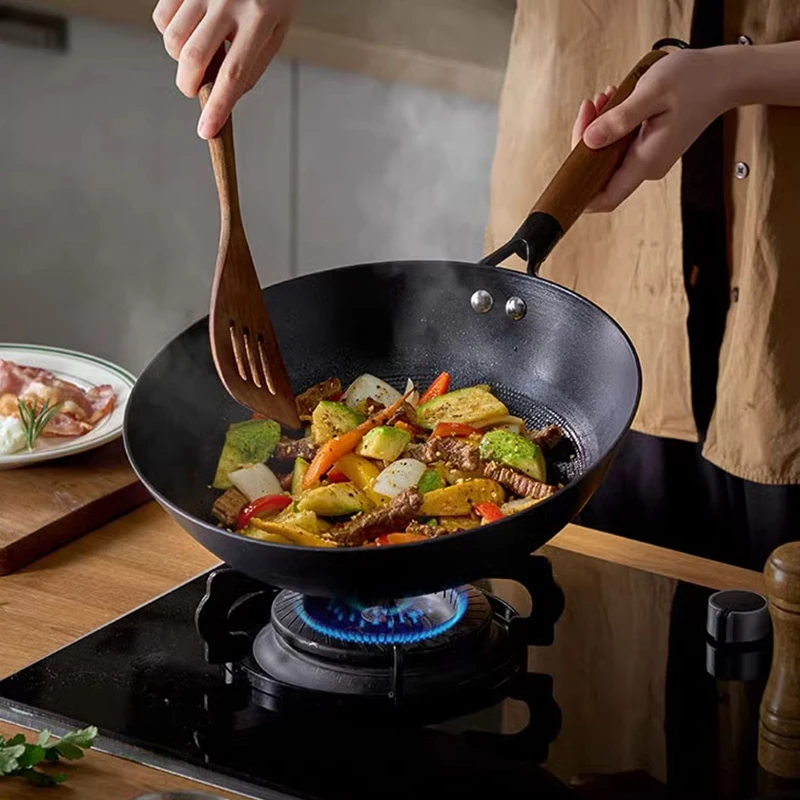 New Design Lightweight Non-stick Cast Iron Wok with single beech wood handle