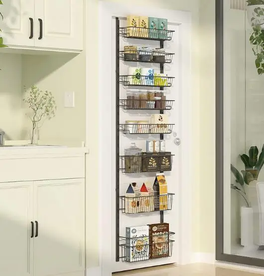 Metal Tube Over The Door Pantry Organizer 8-Tier Adjustable Tiers Hanging & Wall Mount Spice Rack Storage Shelf for Kitchen