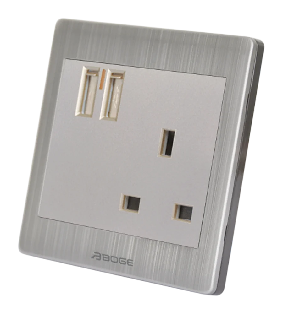 BOGE high quality British electric outlet pc BS 3 pin 13A electrical power wall uk power socket with two usb