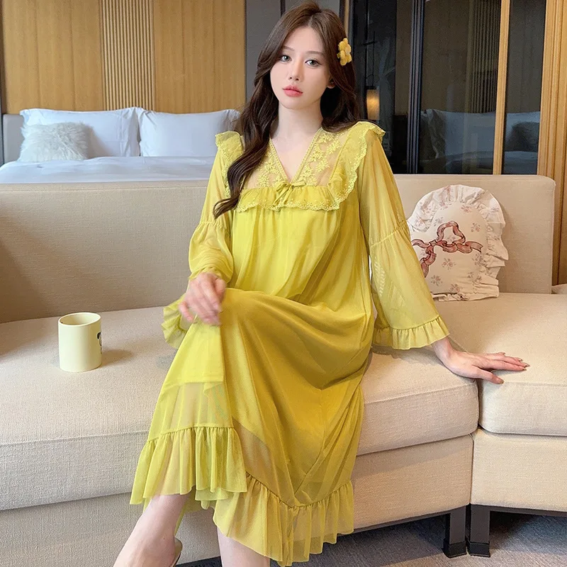 OKA Lace Embroidery V-neck Womens Sleepwear Princess Girls White Nightgowns Maxi Dress Long Sleeve Bridal Night Wear Nighties